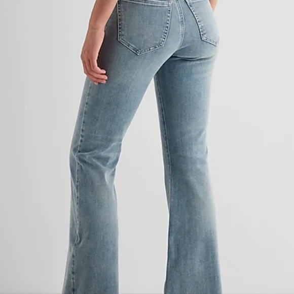 Express Mid Rise Light Wash Raw Hem FlexX '70s Flare Jeans - Picture 3 of 5